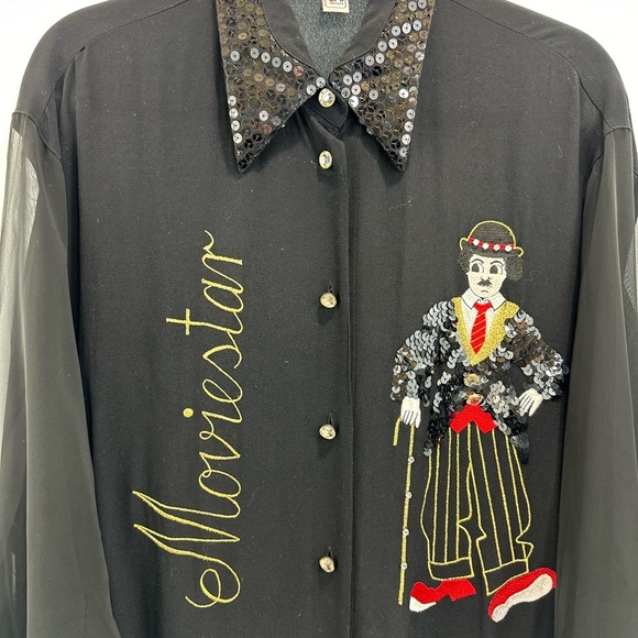 Vintage Moviestar Charlie Chaplin Embroidered Button Shirt Size 40 /Large Black - Picture 2 of 10